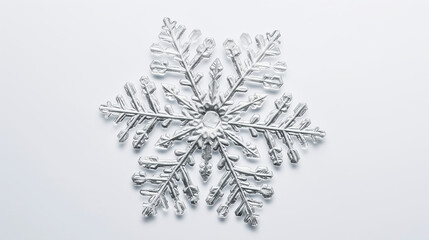 The intricate details of a frosty silver snowflake, isolated against a white background, showcasing winter beauty and symmetry, winter decoration concept