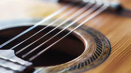 Fototapeta premium The strings of a classical guitar, close up view, showcasing intricate details of the instrument, music concept