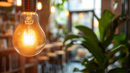 Close-up of a glowing vintage light bulb in a cafe with blurred background, cafe , light bulb , interior design, vintage