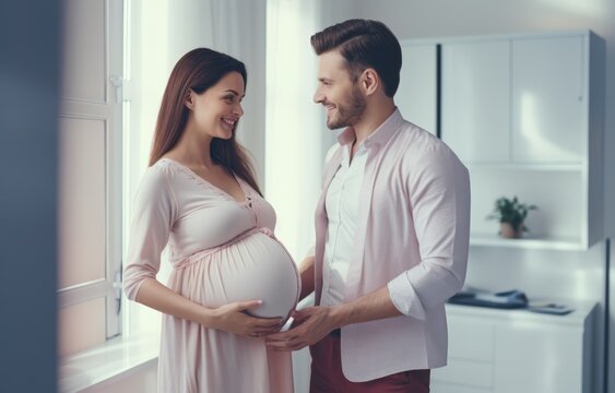Happy pregnant woman at home with husband