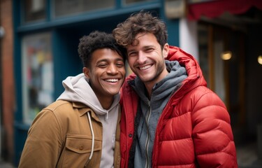 Fototapeta premium two man couple lover taking photo together on city street in Europe during vacation