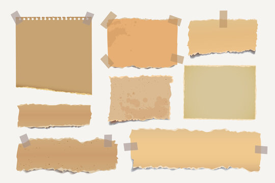 Brown cardboard stuck to the board with tape. Blank sheet with adhesive tape. Templates for note message. Vector illustration. Isolated on white background. Front view. Set