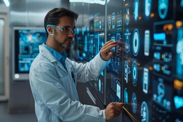 beautiful male technician uses AI-enhanced holographic screens to diagnose and repair a futuristic smart refrigerator.