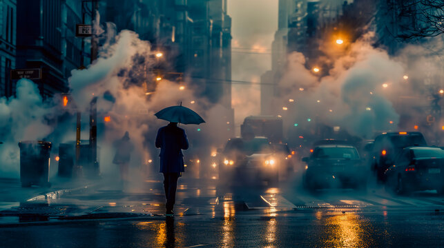 A man in a blue business suit holding an umbrella is crossing the 42nd street in Manhattan. Cars and steam coming out from from the manholes in the background. New York City, 