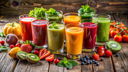 Vibrant arrangement of fresh fruit and vegetable smoothies in tall glasses on a rustic wooden table, capturing a healthy and refreshing lifestyle moment.