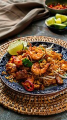 Char kway teow with rice noodles, prawn, sausages, egg. AI generated illustration