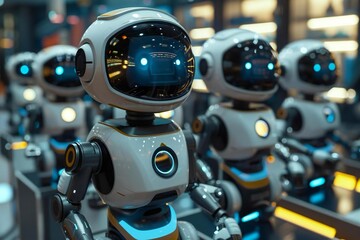 Fototapeta premium team of AI-powered repair robots efficiently replace the glass window with holographic screens in a futuristic office setting.