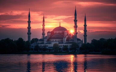 Obraz premium A serene mosque with its minarets silhouetted against a sunset