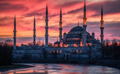 Fototapeta premium A serene mosque with its minarets silhouetted against a sunset