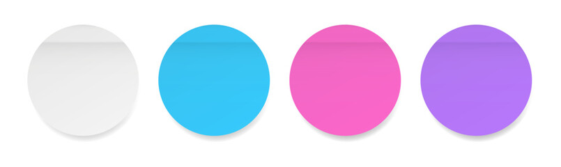 Set of round paper stickers. Stick in notes. White, pink, blue and purple neon colors. Multicolor post it notes. Sheets of paper. Tag, sticky note	