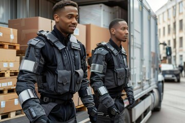 Fototapeta premium Two beautiful male movers in futuristic uniforms using AI-powered exoskeletons to effortlessly unload holographic furniture from a self-driving truck.