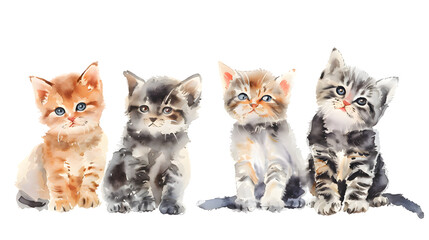 Watercolor cute cats isolated on transparent background