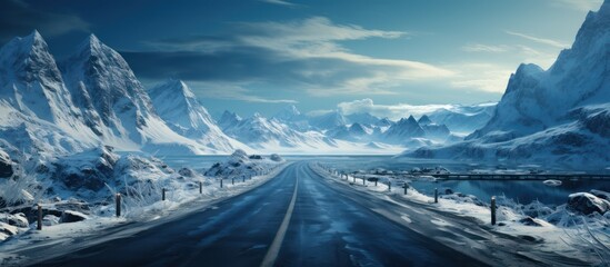 Portrait of snowy and frozen mountain road in winter landscape