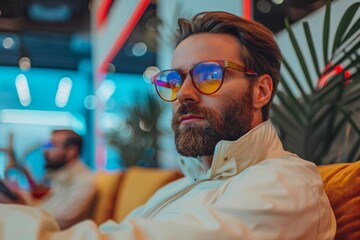 Beautiful men with perfectly groomed beards wearing eyeglasses, using holographic screens to scan and transport furniture for delivery.