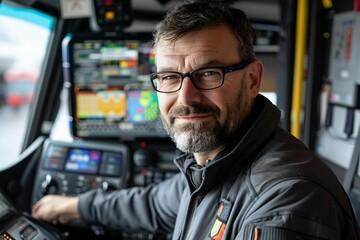 Fototapeta premium In a futuristic world, a handsome pest control worker with a well-groomed beard and wearing eyeglasses stands proudly in front of his high-tech pest control vehicle equipped