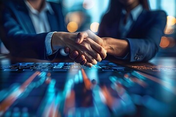 Close-up of two beautiful businesspeople wearing eyeglasses, shaking hands and exchanging digital currencies under a holographic table, using AI to track and prevent corruption