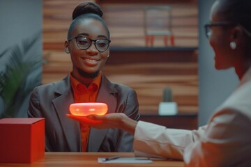 In a futuristic office setting, a beautiful African American businessperson with eyeglasses and a well-groomed beard is passing a holographic lifebuoy to their partner over a sleek