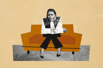 Composite trend artwork sketch image photo collage of workspace young woman office manager sit...