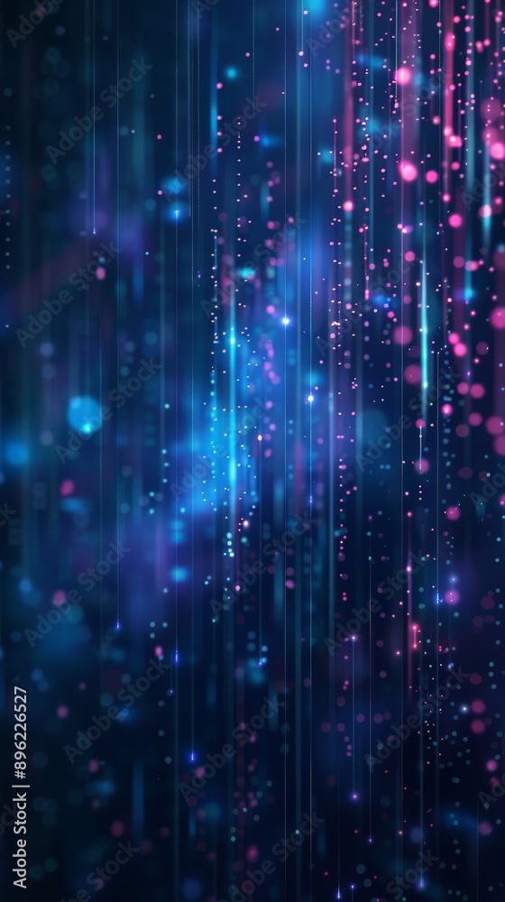 Poster Blue digital light particles and lines creating a sci-fi atmosphere. Futuristic technology and data transmission concept.
