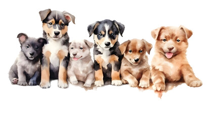  Group of cute puppies dogs sitting in a row watercolor illustration isolated on transparent background