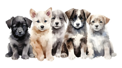 Obraz premium Group of cute puppies dogs sitting in a row watercolor illustration isolated on transparent background