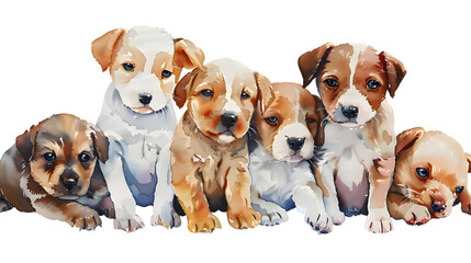  Group of cute puppies dogs sitting in a row watercolor illustration isolated on transparent background