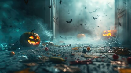 Halloween-themed abstract scene with foggy floor, barely visible shadowy figures, scattered candy wrappers, decorations, and flickering light casting. Smoke cement floor halloween abstract background