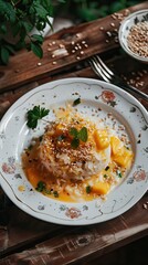 Ripe mango rice cooked with coconut milk, Sticky rice summer tropical fruit food Asian Thai dessert sweet mango peel and sliced on plate and fresh leaves. AI generated illustration
