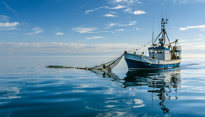 Fototapeta premium boat sailing on calm waters with an ecofriendly fishing net extended behind it emphasizing its sustainable fishing od