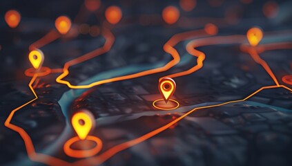 Digital map with location pins glowing orange, representing on line OS travel route and personal vehicle tracking system for commercial vehicles