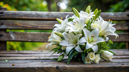 A serene white lily bouquet on a weathered wooden bench surrounded by lush greenery, symbolizing eternal love and cherished memories of a beloved mother.