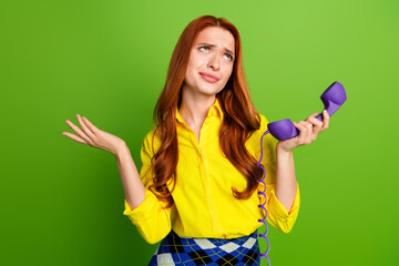 Photo of adorable elegant woman wear yellow trendy clothes hold handset phone look empty space...