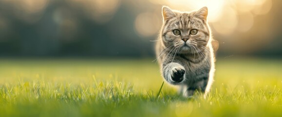 British Shorthair cat exploring a garden with sunlight filtering through trees, spacious copy space