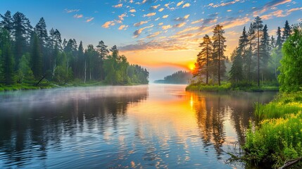 Fototapeta premium A forest with a stream or river running through it. Sunset and the sun shines through the trees with a warm yellowish light. The trees are lush and green. A natural backdrop. Illustration for design.