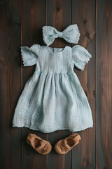 Light blue baby girl dress and shoes on wood background. Kids cotton clothing set. Flat lay