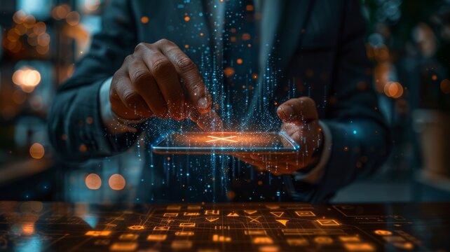 Digital Business cards businessman holds a smartphone over the card, projecting holograms. Payment transaction online gateway e commerce. Debit card point of sale and hands of restaurant.