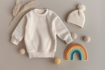 Kid sweatshirt and knitted hat laying on light grey background. Kids wear mockup, flat lay