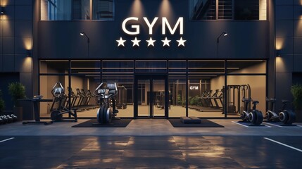 Modern gym exterior with five stars rating above entrance door and word GYM, concept of top rated workout service