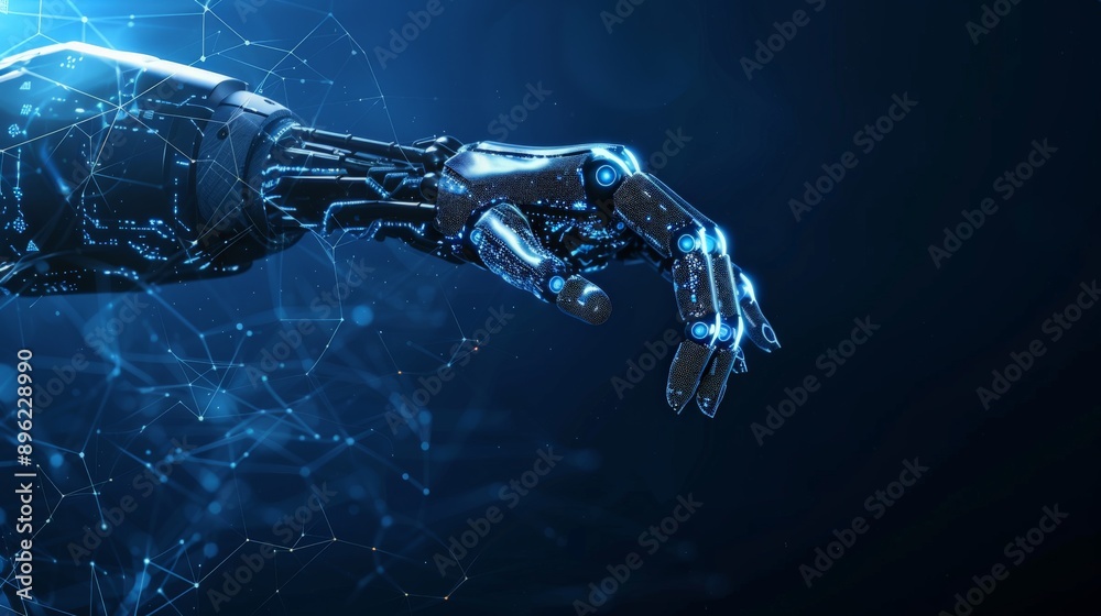 Poster Detailed view of a robotic hand with glowing elements in a high-tech environment. Ideal for illustrating robotics, AI, and technology.