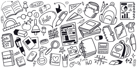 School stationery and Art Supplies doodle set. Vector illustration in line. Back to school.