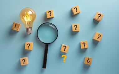 Wooden blocks with question marks, a magnifying glass, and a glowing light bulb arranged on a blue background.
