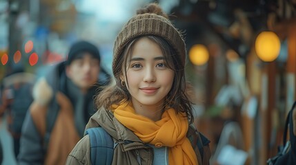 Fototapeta premium A realistic photograph, 8K resolution, shot on professional DSLR camera, tack-sharp focus, exquisite detail, high dynamic range, A lively photo of friends walking together at a cafe, smiling 