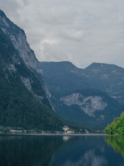 Hallstatt village reflecting on tranquil lake with mountain landscape