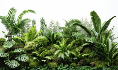 A vibrant tropical rainforest garden with lush green foliage, moss-covered rocks, ferns, and large leaves set against a misty forest backdrop.