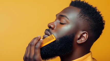 Handsome black man combing beard, caring for hair on yellow blue studio background, free space. Male hairstyle and haircare, barbershop concept