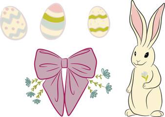 Easter set with rabbit eggs bow clip art
