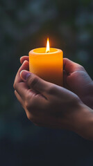 Person holding a lit candle in hands, close-up.