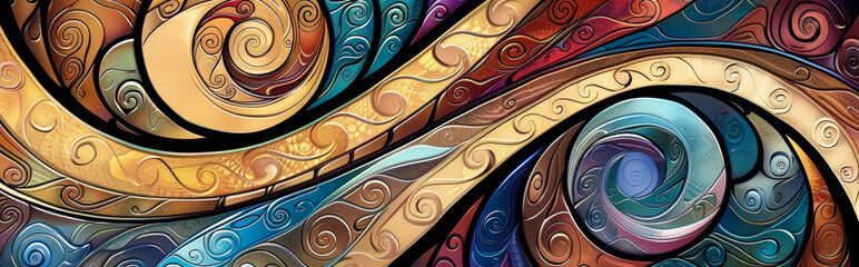 Bright background in shades of golden and emerald with spiral swirls and natural motifs.