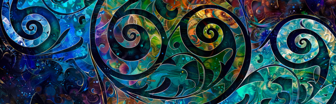 Maori Polynesian pattern iridescent abalone shell colors koru spiral swirls design, horizontal floral background