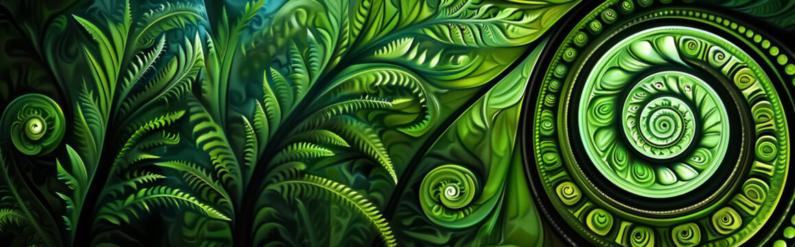 Maori Polynesian pattern koru spiral swirl design, horizontal background